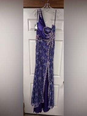 Embellished Purple One-Shoulder Prom Gown